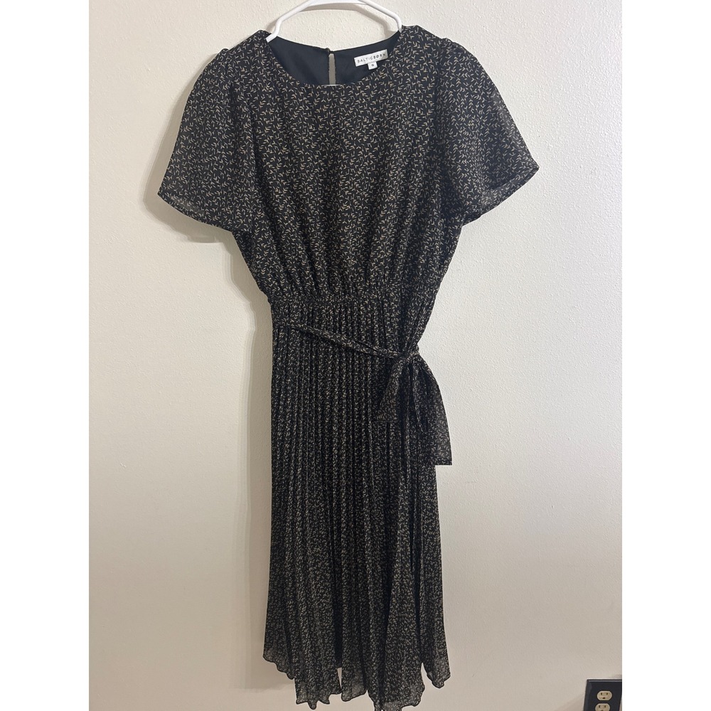 Baltic Born Prim Pleated Dress Black Tan Leaf Print  Short Flutter Sleeve Small - Picture 5 of 9